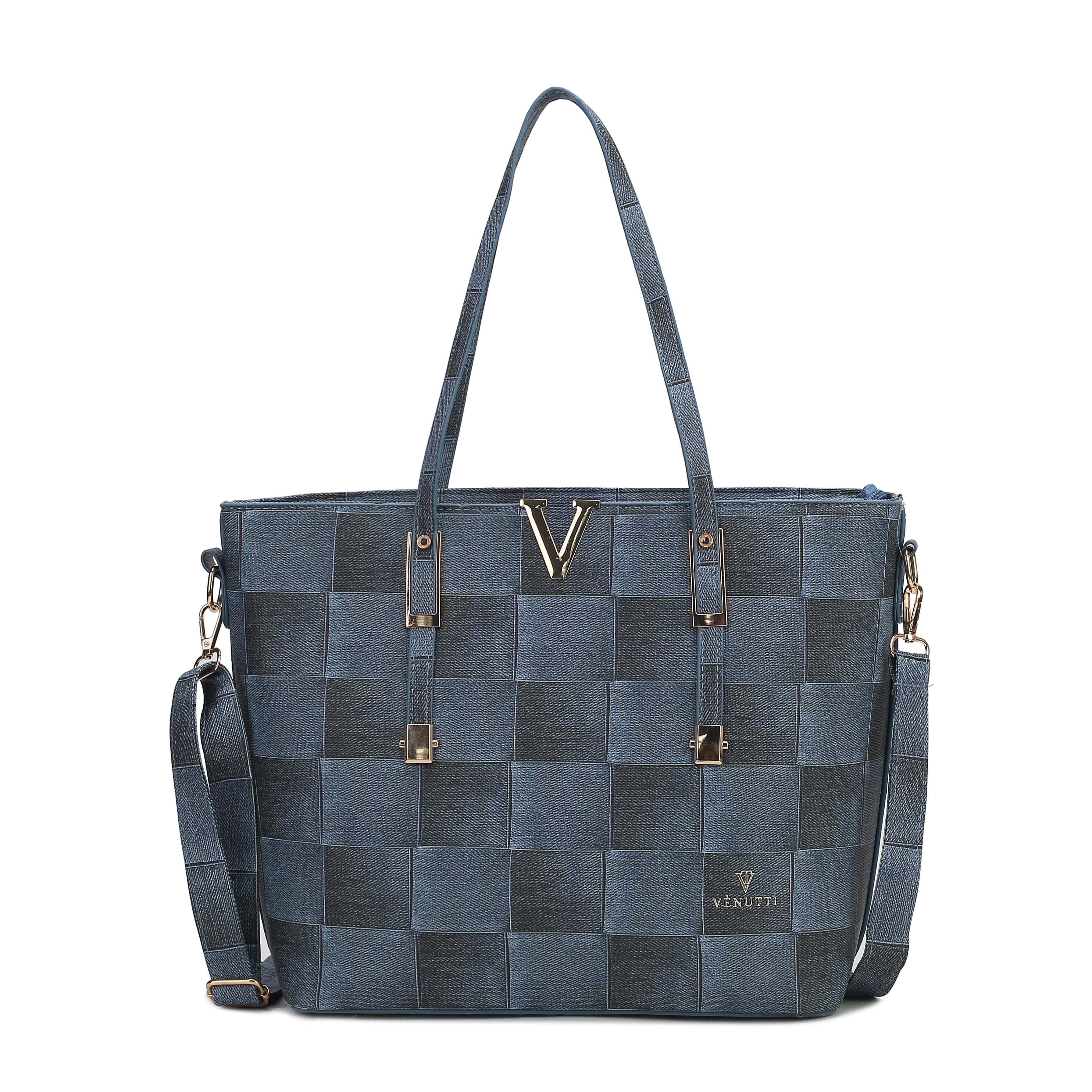 V Large Denim checker Totebag