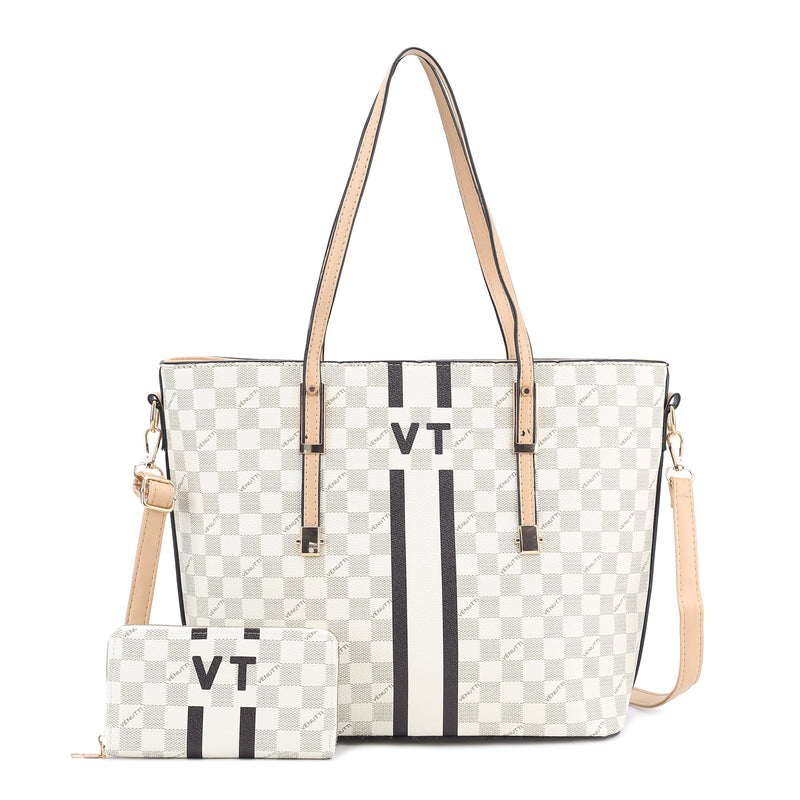 Monogram Checker Tote Bag with Wallet
