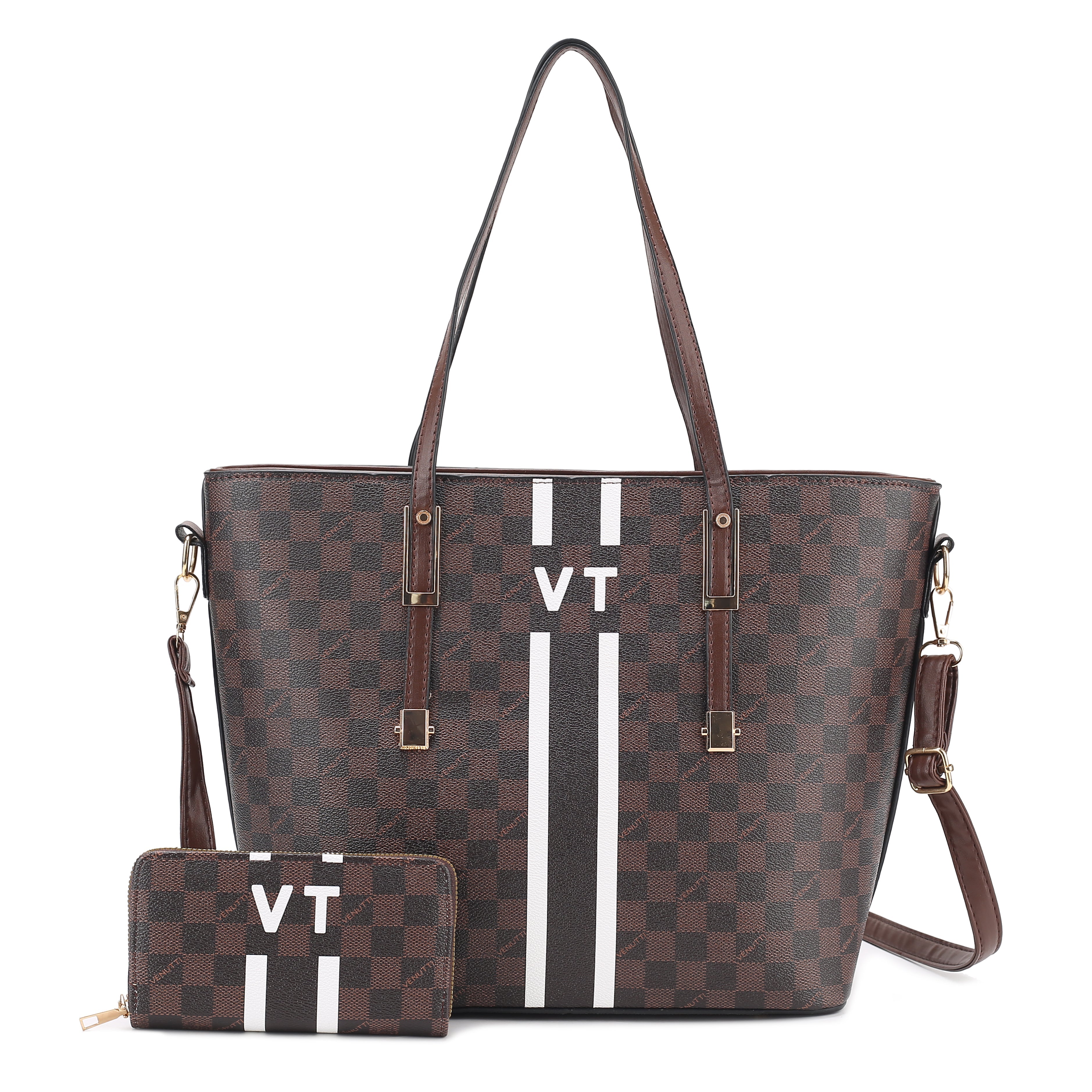 Monogram Checker Tote Bag with Wallet