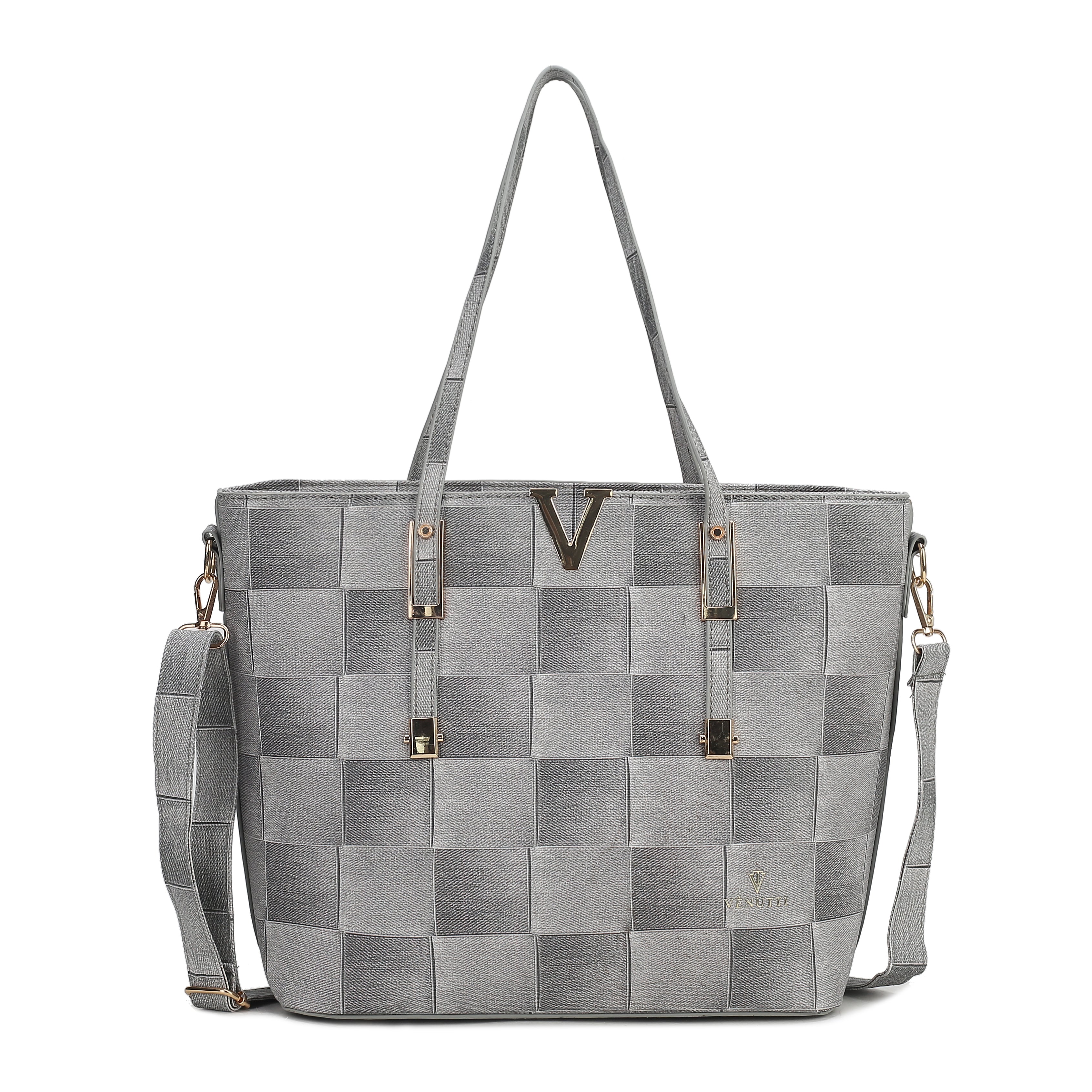 V Large Denim checker Totebag