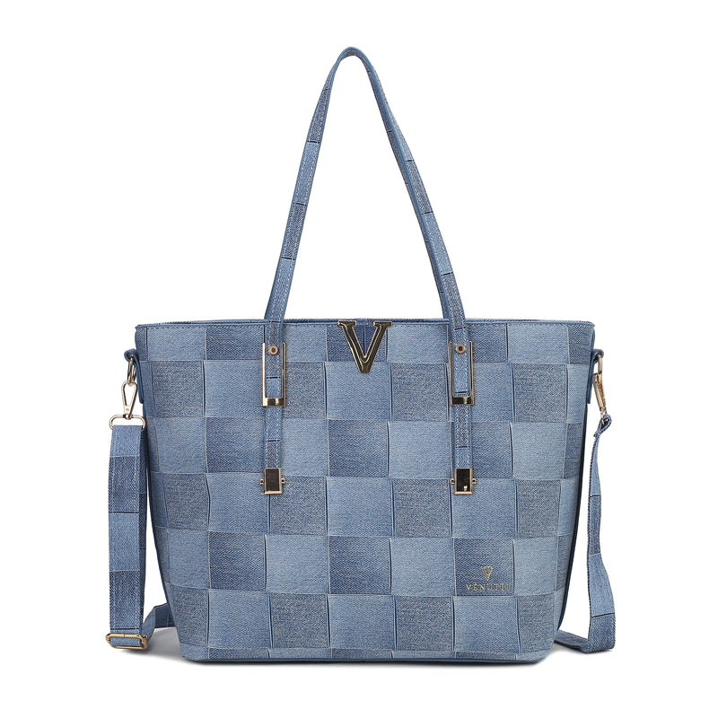 V Large Denim checker Totebag