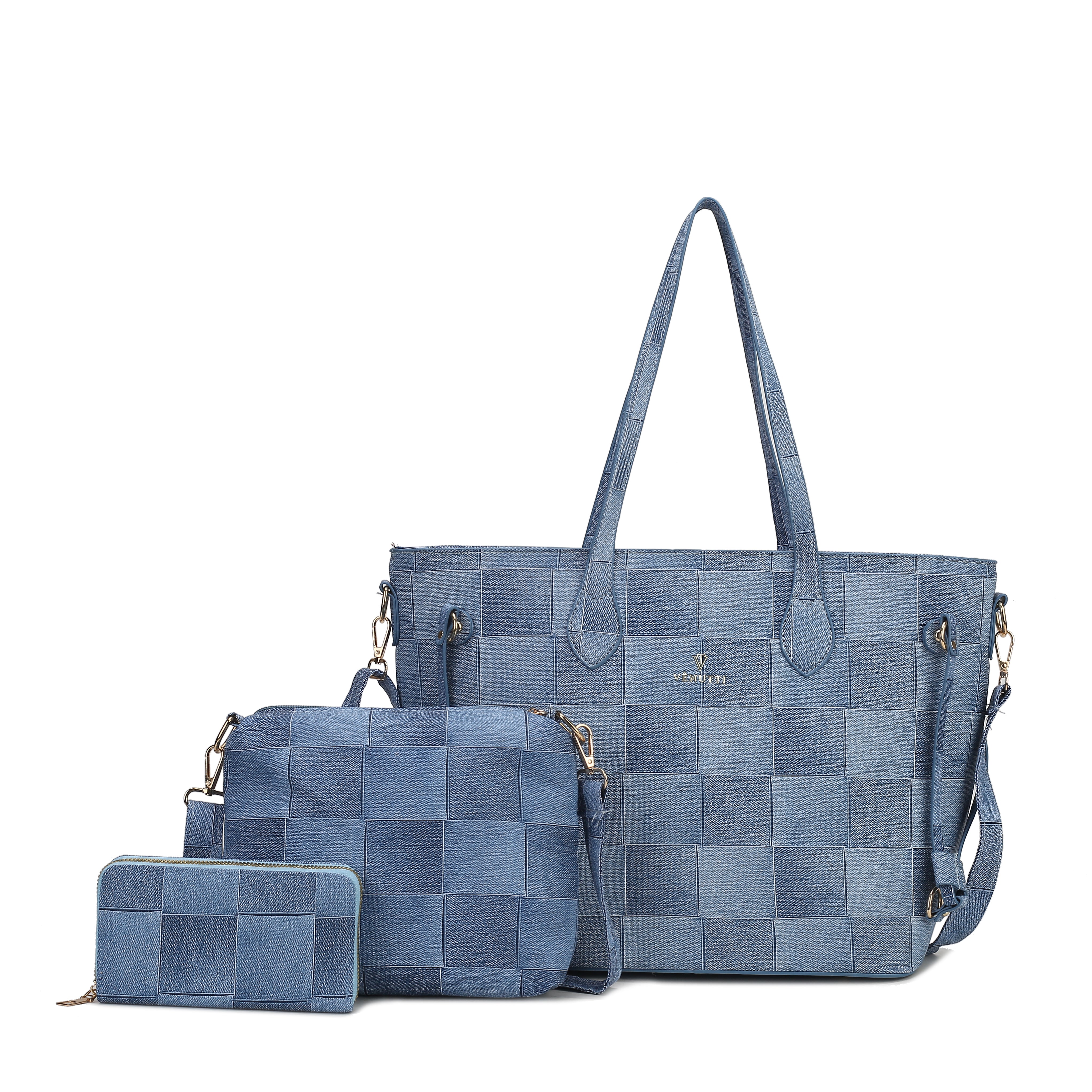 Large Denim checker functional 3pcs handbags set