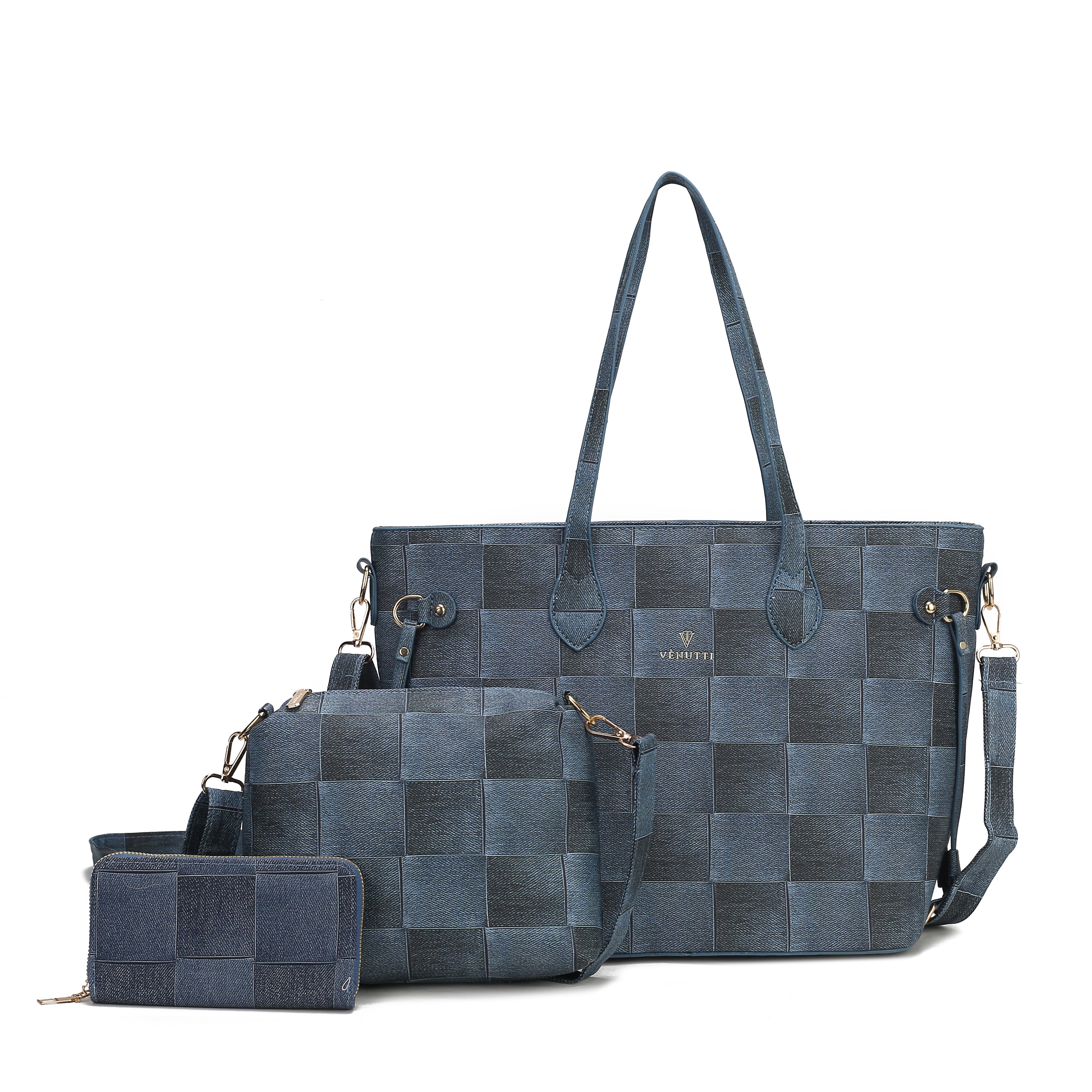 Large Denim checker functional 3pcs handbags set